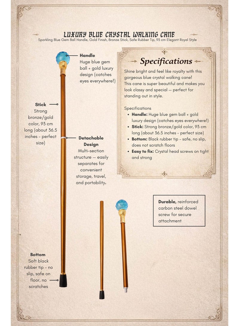 Luxury Blue Crystal Walking Cane – Sparkling Blue Gem Ball Handle, Gold Finish, Bronze Stick, Safe Rubber Tip, 93 cm Elegant Royal Style - Image 3